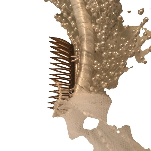 Vintage Wedding Veil Mid Length Tulle Tiny White Seed Pearls Headband 41” Ornate - Picture 6 of 8